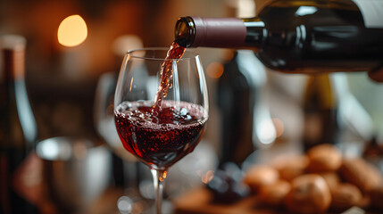 Red wine being poured into a glass with a blurred background of a dinner setting. - obrazy, fototapety, plakaty