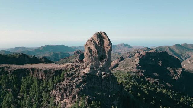 Majestic Roque Nublo on Gran Canaria in cinematic aerial