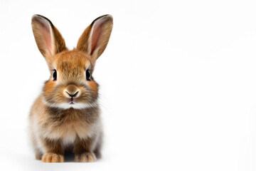 Obraz premium Funny bunny or baby rabbit for Easter Day isolated on white banner. Happy Easter. Place for text