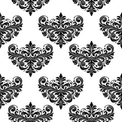 Damask Fabric textile seamless pattern Luxury decorative  Ornamental floral divider Black line vintage decoration element white Background