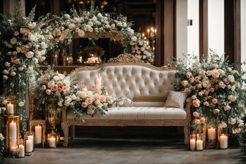 luxury wedding decorations with bench, candle and flowers