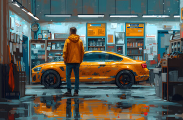 Man in yellow jacket standing in front of a yellow sports car in a rainy, illuminated parking lot...