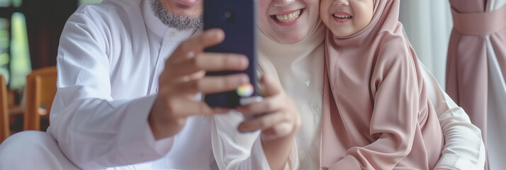 Muslim family selfie with family when breaking fast together - obrazy, fototapety, plakaty