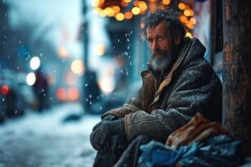Homeless beggar sitting on sidewalk in the city. Poor, unemployed, homeless man on winter street. Poverty, misery, bankruptcy, financial hardship, problems, crisis, divorce, travel, Generative AI - obrazy, fototapety, plakaty