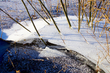 The water level drops in the lake and made ice flakes