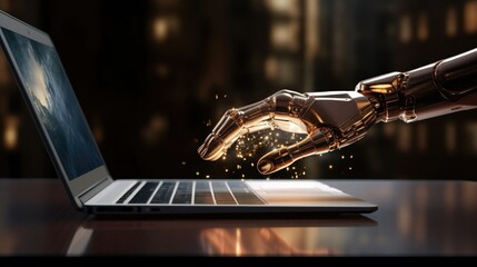 Cyborg robot hand want to type keyboard on a laptop. The concept of artificial intelligence replace the human work.	