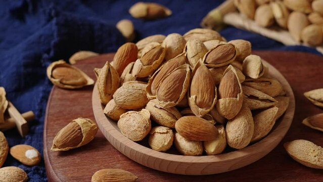 Closeup of almonds，organic badam on table.