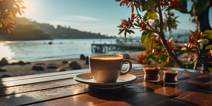 A Cup of Coffee on a Beachside Wooden Table, With a Beautiful Sea View