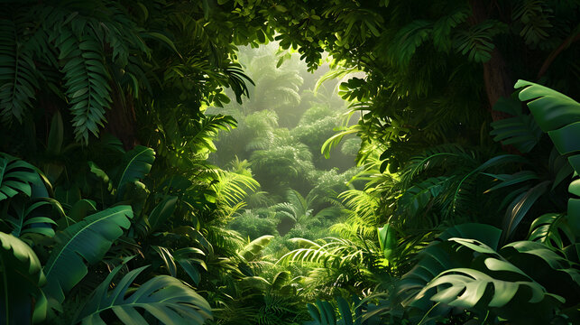 Fototapeta Green jungle with trees and ferns