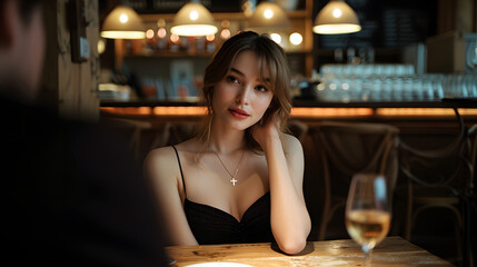 Elegant woman in a black dress enjoying a romantic dinner at a dimly lit restaurant with a glass of wine.