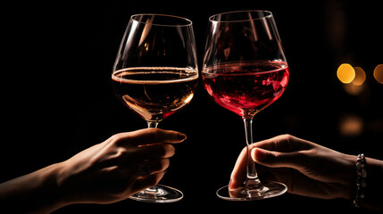 Close-up of two women's hands clinking wine glasses in a toast - 722846091