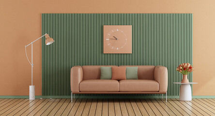 Living room in trend peach fuzz color year 2024 and leather sofa - 722846213