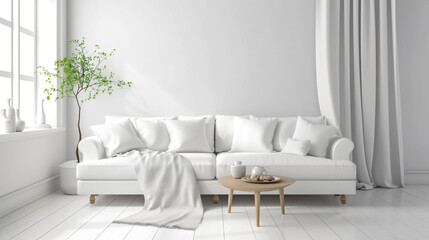 Fototapeta na wymiar White room with sofa. Scandinavian interior design