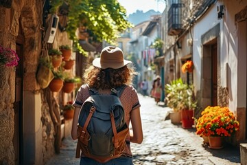 Traveler girl in street of old town in Spain. Young backpacker tourist in solo travel. Vacation, holiday, trip, Generative AI 
