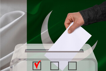Transparent ballot box for voting with ballot in front Pakistan, national flag, Election Process...