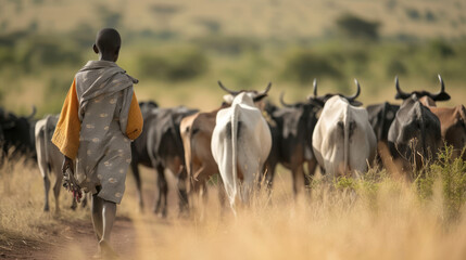 Young Masai herders herd and protect their cattle in savannah with giraffes background - obrazy, fototapety, plakaty