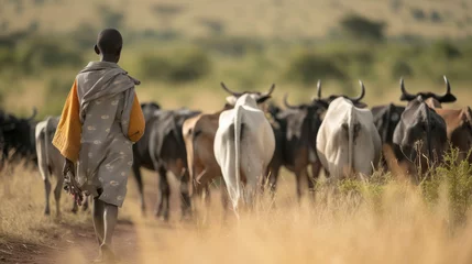 Rolgordijnen Young Masai herders herd and protect their cattle in savannah with giraffes background © STORYTELLER AI