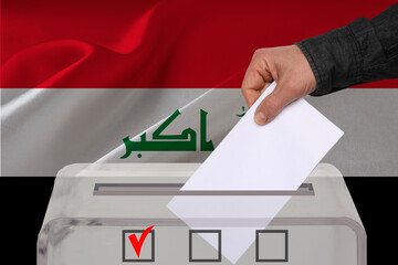 Transparent ballot box for voting with ballot in front Iraq national flag, Election Process and...