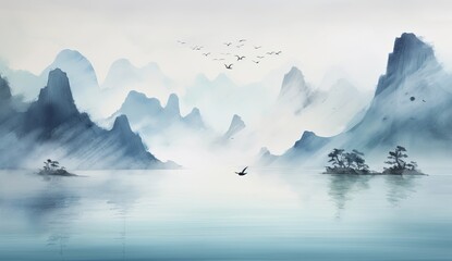 watercolor painting of mountains with birds and a boat