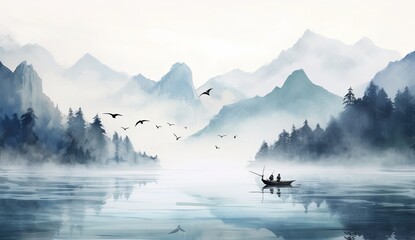 watercolor painting of mountains with birds and a boat