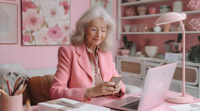 Elegant senior woman in a pink blazer using smartphone at a stylish home office with floral decor.