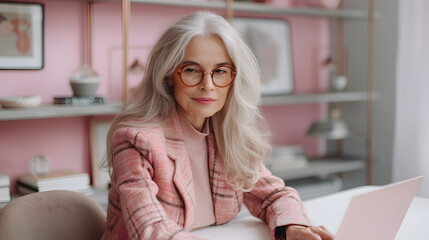 Elegant senior woman with gray hair wearing glasses and a pink blazer, working on a laptop in a stylish office.
