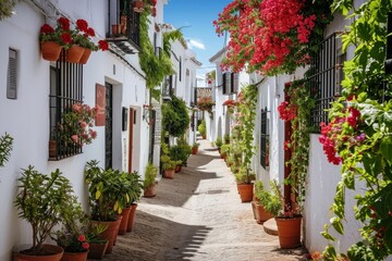 Fototapeta na wymiar Picturesque narrow street in Spanish city old town. Typical traditional whitewashed houses with blooming plants, flowers, cobbled street in a small cozy town in, Generative AI 
