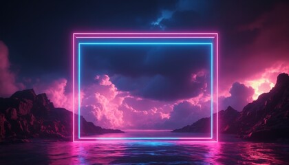 Abstract minimal background, pink blue neon light square frame with copy space, illuminated stormy clouds