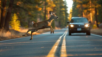 Deer suddenly jumps onto the road in front of a moving car - obrazy, fototapety, plakaty