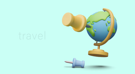 Travel agency tour. Poster with planet Earth map globe, and yellow and blue pins