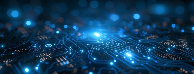 Fototapeta na wymiar futuristic background of electronic circuits and technology, in the style of light black and indigo, innovative page design, dotted, luminous shadows, dark navy and cyan. generative AI