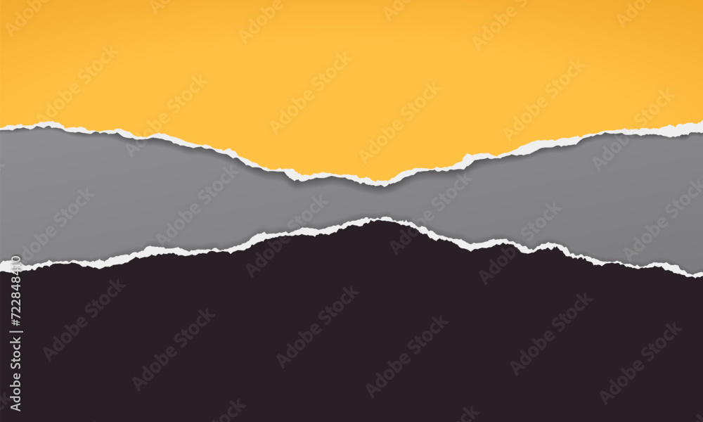 Poster torn, ripped black and yellow paper strips with soft shadow are on squared background for text or ad