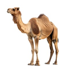 Dromadery camel standing side view isolated on white background, photo realistic.