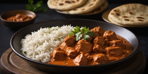 Chicken tikka masala spicy curry meat food Butter chicken with rice and naan bread 