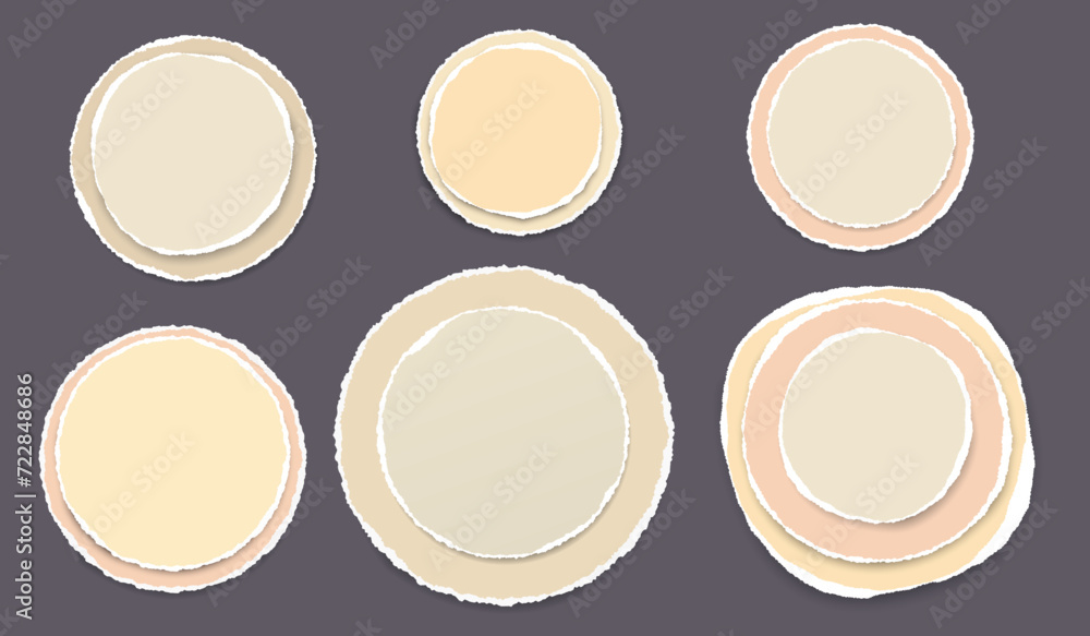 Poster set of torn, ripped round paper with soft shadow are on dark grey background for text or ad.
