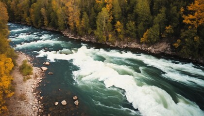 Flowing river rapids photographed from directly above with motion blur