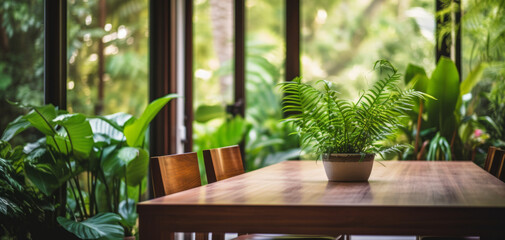Wooden Table and Plant by Window Overlooking Garden.