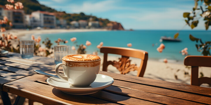 Cup of Coffee on Table with Tropical Summer Beach Background
