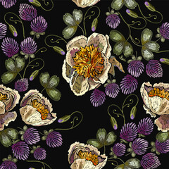 Yellow peonies and  violet clover flowers. Template for clothes, t-shirt design. Seamless pattern. Embroidery spring floral style