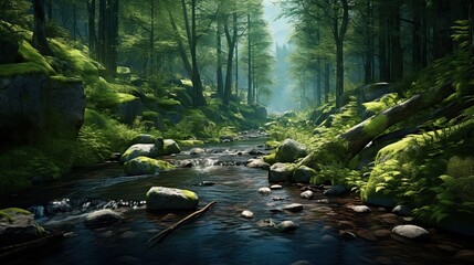 Forest stream with crystal-clear waters flowing peacefully through the tranquil woods. Nature's beauty, clear stream, pristine water, serene ambiance. Generated by AI.