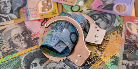 Steel handcuffs on australian dollars background close up