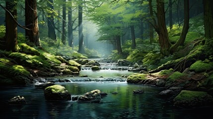 Obraz premium Forest stream with sparkling, crystal-clear waters flowing peacefully through the tranquil woods. Nature's tranquility, clear stream, pristine beauty, serene ambiance. Generated by AI.