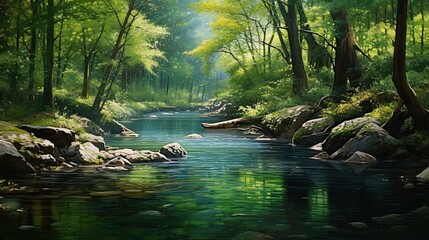 Fototapeta premium Crystal-clear waters flow gently, creating a serene and peaceful atmosphere. Nature's beauty, clear stream, pristine water, serene ambiance. Generated by AI.