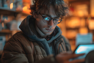 Focused man using tablet in a dimly lit room, with warm ambient lighting and a thoughtful expression.