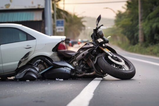 motorcycle accident  on the road with car. demaged car and motor bike 