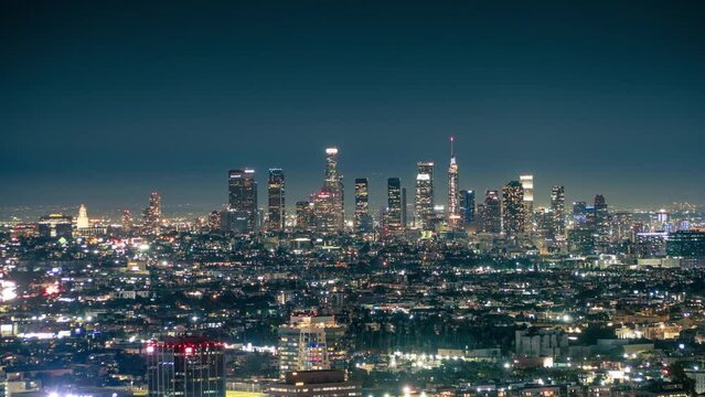 City of Los Angeles skyline at night, featuring downtown LA skyscrapers. Timelapse.