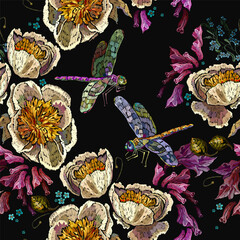 Yellow peonies, dragoflies and colorful hyacinths flowers. Seamless pattern. Embroidery floral style. Fashion garden template for clothes, t-shirt design - 722849410