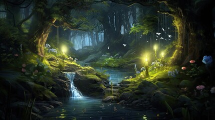 Woodland glade with a bubbling brook and ethereal fireflies, creating a serene and magical atmosphere in nature's embrace. Peaceful glade, bubbling brook, ethereal fireflies. Generated by AI. - obrazy, fototapety, plakaty