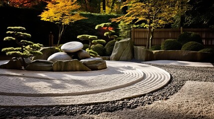 Garden featuring meticulously groomed gravel, providing a serene ambiance for meditative reflection. Peaceful Zen garden, groomed gravel, positioned stones. Generated by AI.