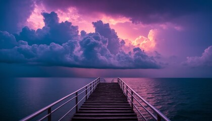 Fototapeta premium Neon Lighting Staircase to Clouds over Sea